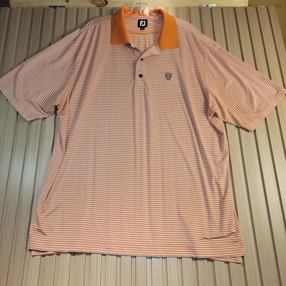 FootJoy Mens XXL Orange White Striped Short Sleeve Golf Polo Shirt FJ Logo